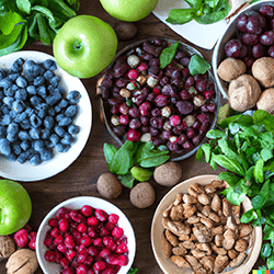 leafy green vegetables, legumes, nuts and fruit